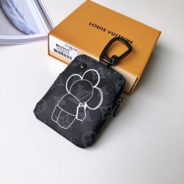 Replica Louis Vuitton Black Monogram White Flower Zip Charm Wallet