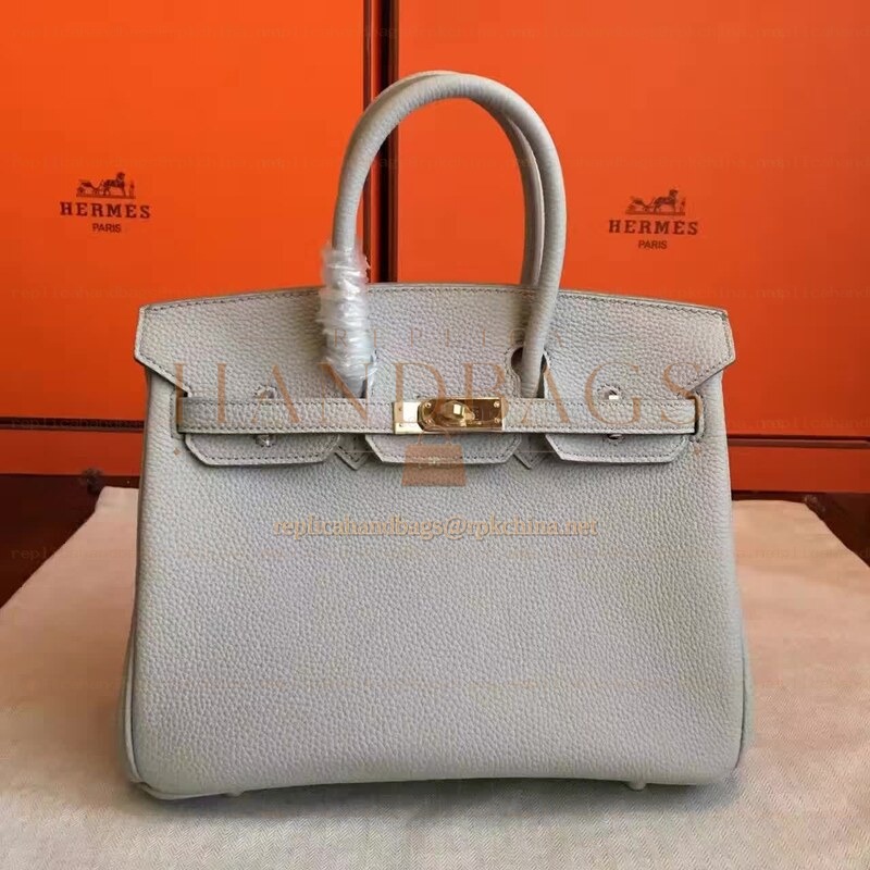 Replica Hermes Light Gray Birkin 25 Smooth Leather Gold Hardware Bag