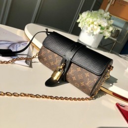 Replica Louis Vuitton Brown Monogram Black Trim Glasses Case with Chain