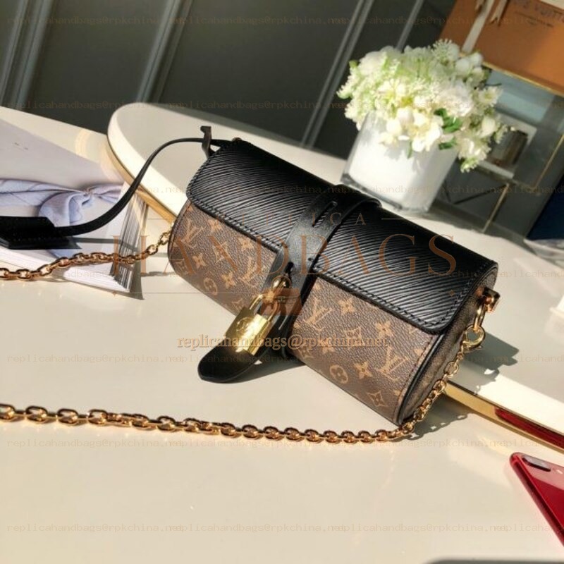 Replica Louis Vuitton Brown Monogram Black Trim Glasses Case with Chain