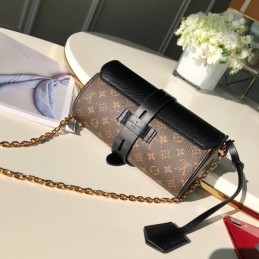 Replica Louis Vuitton Brown Monogram Black Trim Glasses Case with Chain
