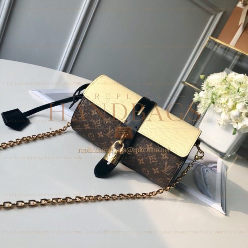 Replica Louis Vuitton Brown Monogram Pale Yellow Trim Glasses Case with Chain