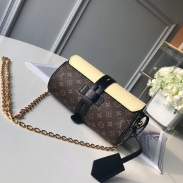 Replica Louis Vuitton Brown Monogram Pale Yellow Trim Glasses Case with Chain