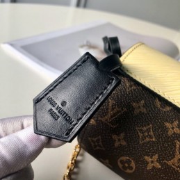 Replica Louis Vuitton Brown Monogram Pale Yellow Trim Glasses Case with Chain