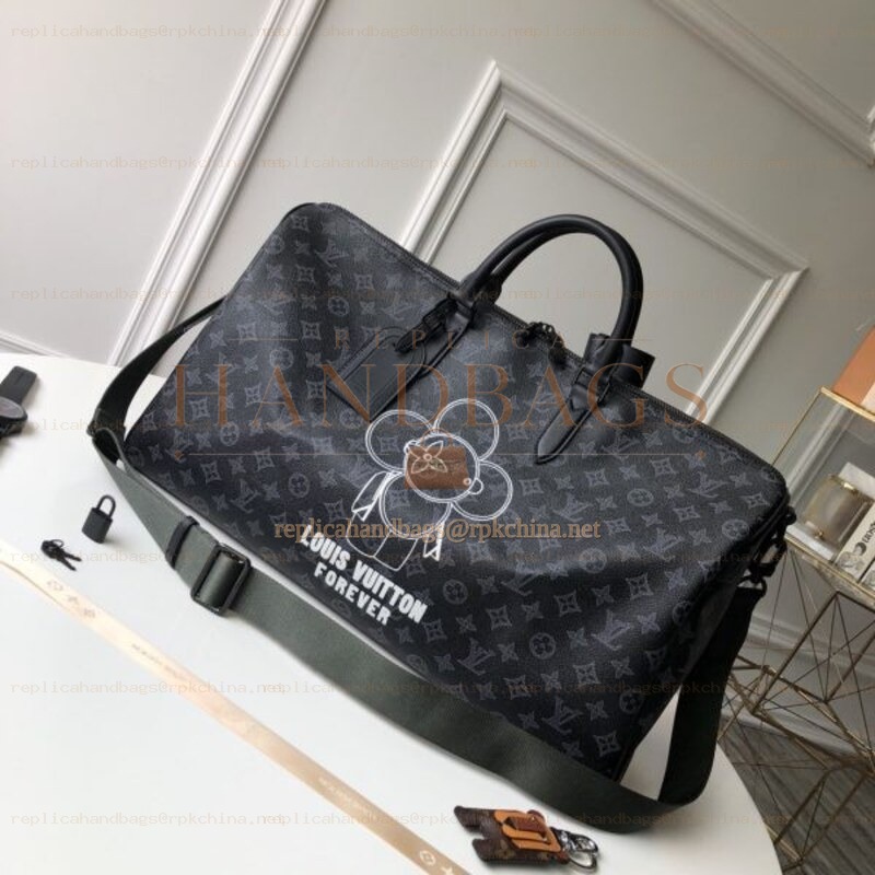 Replica Louis Vuitton Black Monogram Flower Keepall Bandouliere 50