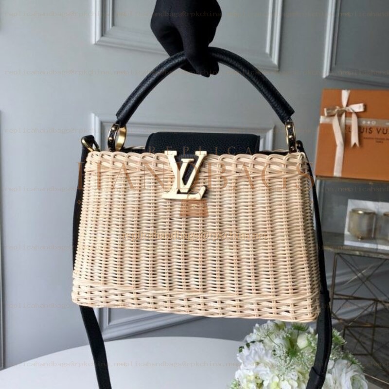 Replica Louis Vuitton Natural Woven Black Handle Capucines BB
