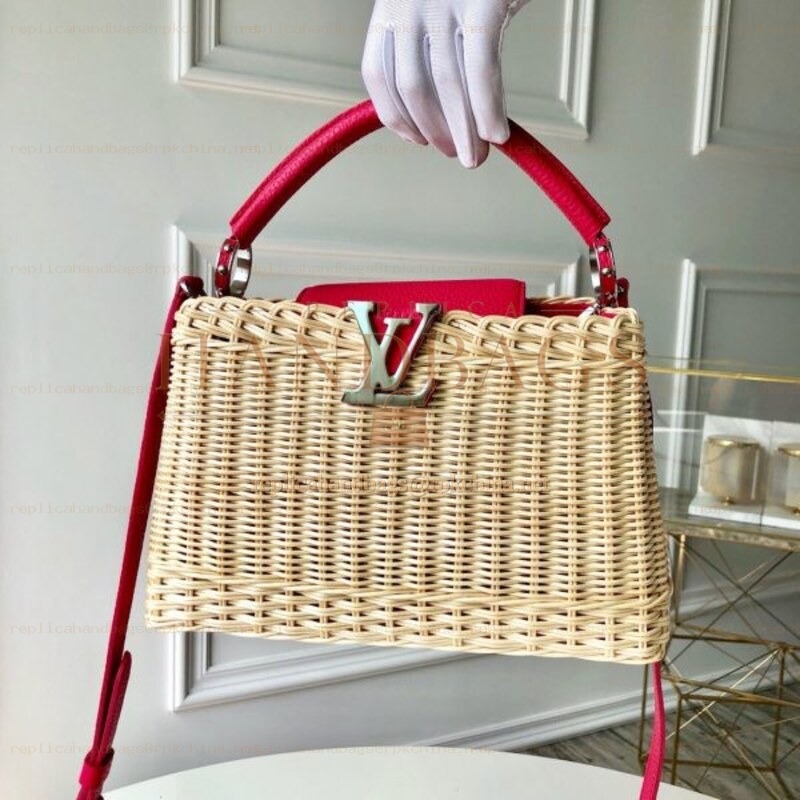 Replica Louis Vuitton Natural Woven Red Handle Capucines BB