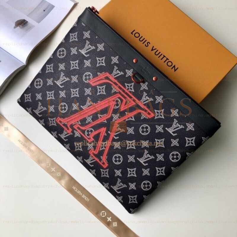 Replica Louis Vuitton Black Monogram Red Graphic Discovery Pochette