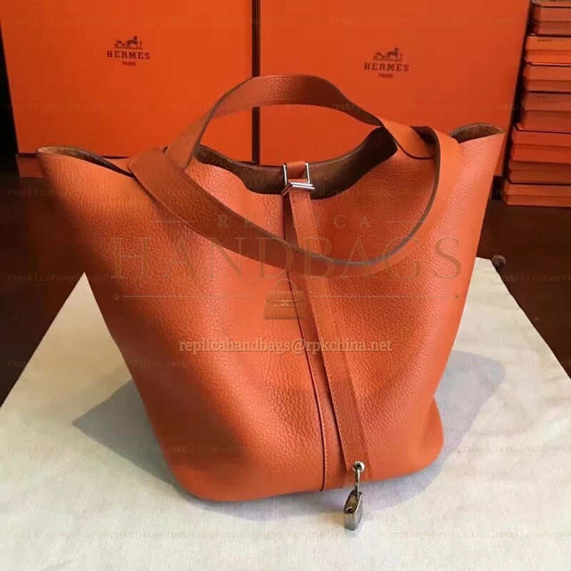 Replica Hermes Orange Brown Picotin Lock 22 Smooth Leather Bag