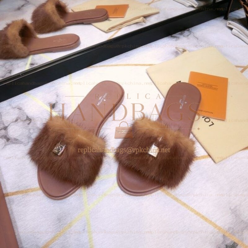 Replica Louis Vuitton Brown Mink Slide Slippers