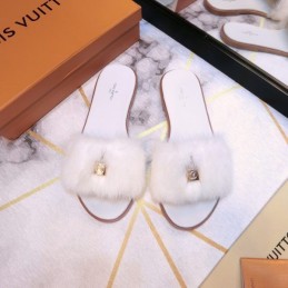 Replica Louis Vuitton White Mink Slide Slippers