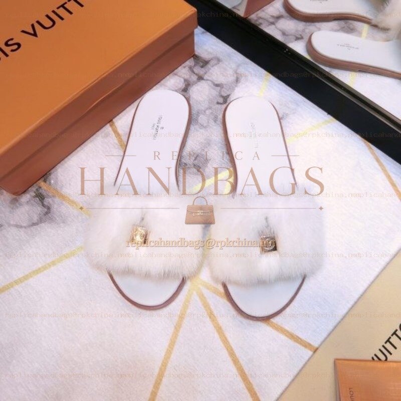 Replica Louis Vuitton White Mink Slide Slippers