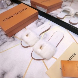 Replica Louis Vuitton White Mink Slide Slippers