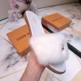 Replica Louis Vuitton White Mink Slide Slippers