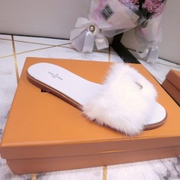 Replica Louis Vuitton White Mink Slide Slippers