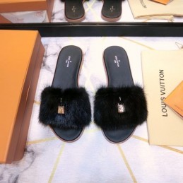 Replica Louis Vuitton Black Mink Slide Slippers