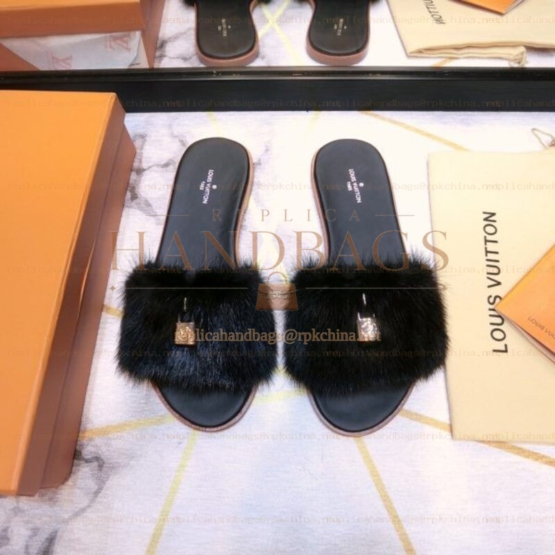 Replica Louis Vuitton Black Mink Slide Slippers