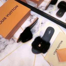 Replica Louis Vuitton Black Mink Slide Slippers