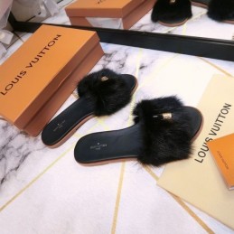 Replica Louis Vuitton Black Mink Slide Slippers