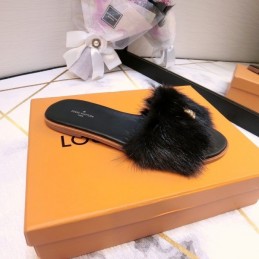 Replica Louis Vuitton Black Mink Slide Slippers