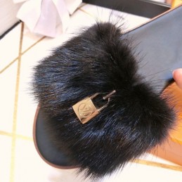 Replica Louis Vuitton Black Mink Slide Slippers