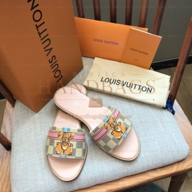 Replica Louis Vuitton Multicolor Check Lock It Flat Mule Sandals
