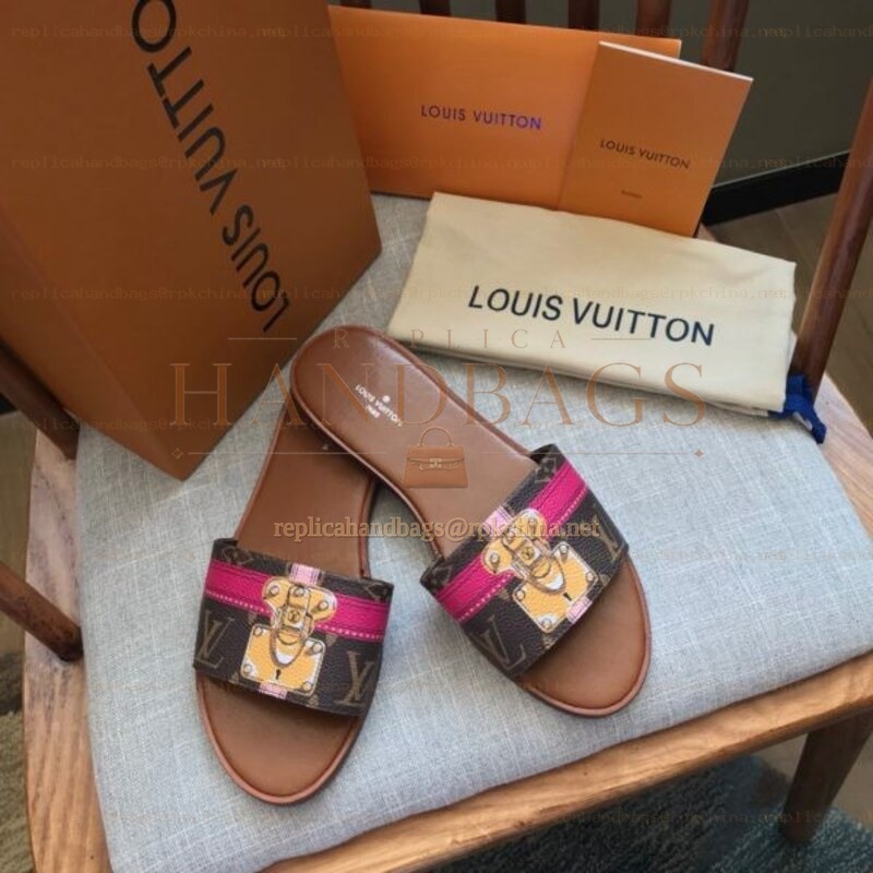 Replica Louis Vuitton Brown Monogram Pink Lock It Flat Mule Sandals