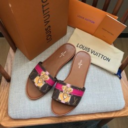 Replica Louis Vuitton Brown Monogram Pink Lock It Flat Mule Sandals