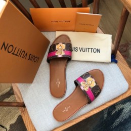 Replica Louis Vuitton Brown Monogram Pink Lock It Flat Mule Sandals