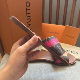 Replica Louis Vuitton Brown Monogram Pink Lock It Flat Mule Sandals