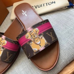 Replica Louis Vuitton Brown Monogram Pink Lock It Flat Mule Sandals