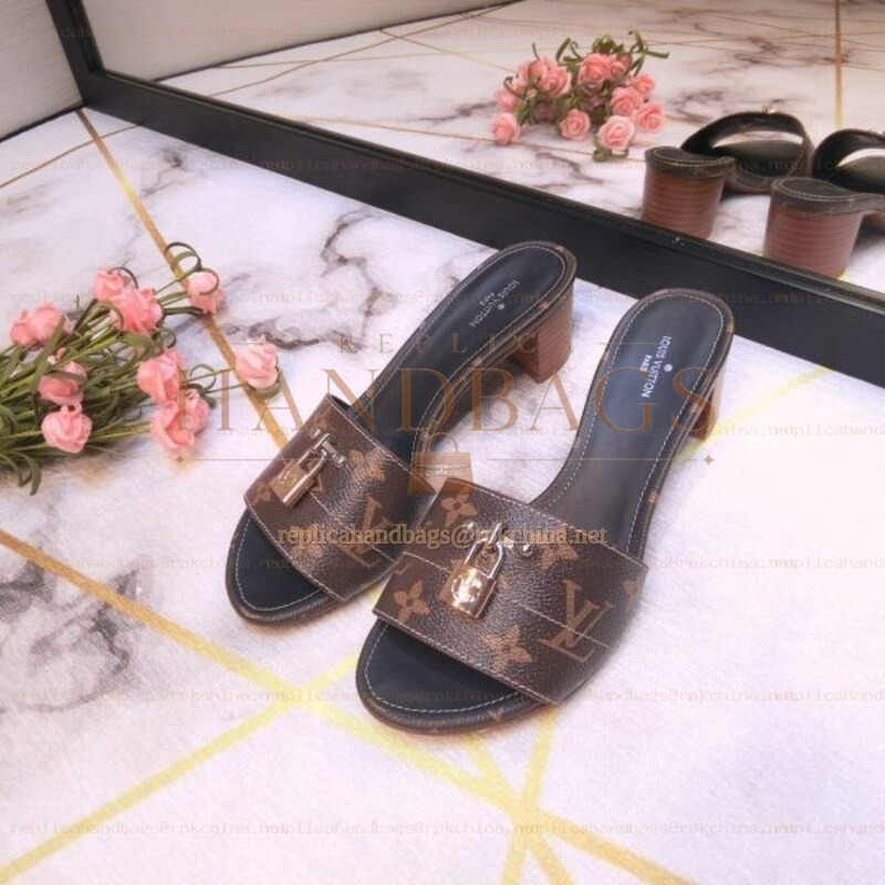 Replica Louis Vuitton Brown Monogram Black Lock It Mule Sandals