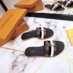 Replica Louis Vuitton Black Gold Lock It Flat Mule Sandals