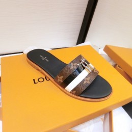 Replica Louis Vuitton Black Gold Lock It Flat Mule Sandals