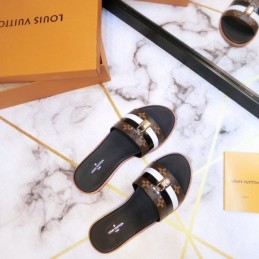 Replica Louis Vuitton Black Gold Lock It Flat Mule Sandals