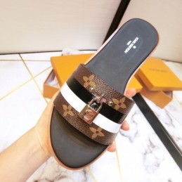 Replica Louis Vuitton Black Gold Lock It Flat Mule Sandals