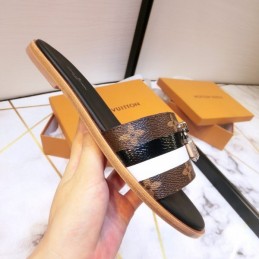Replica Louis Vuitton Black Gold Lock It Flat Mule Sandals