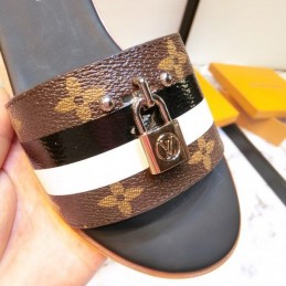 Replica Louis Vuitton Black Gold Lock It Flat Mule Sandals