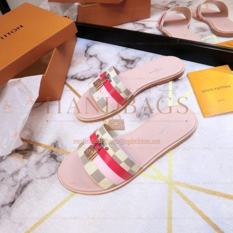 Replica Louis Vuitton Pink Multicolor Lock It Flat Mule Sandals
