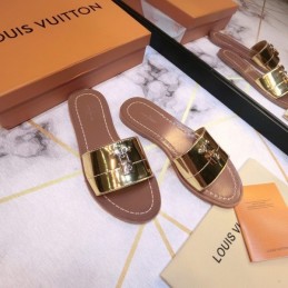 Replica Louis Vuitton Gold Metallic Lock It Flat Mule Sandals