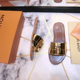 Replica Louis Vuitton Gold Metallic Lock It Flat Mule Sandals