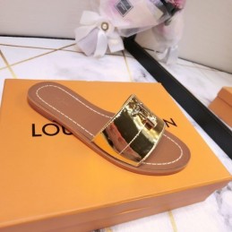 Replica Louis Vuitton Gold Metallic Lock It Flat Mule Sandals