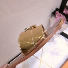 Replica Louis Vuitton Gold Metallic Lock It Flat Mule Sandals