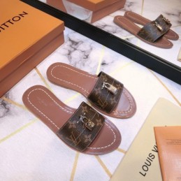 Replica Louis Vuitton Brown Monogram Lock It Flat Mule Sandals