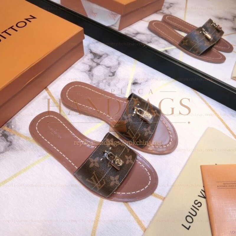 Replica Louis Vuitton Brown Monogram Lock It Flat Mule Sandals