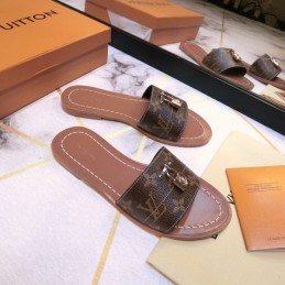 Replica Louis Vuitton Brown Monogram Lock It Flat Mule Sandals