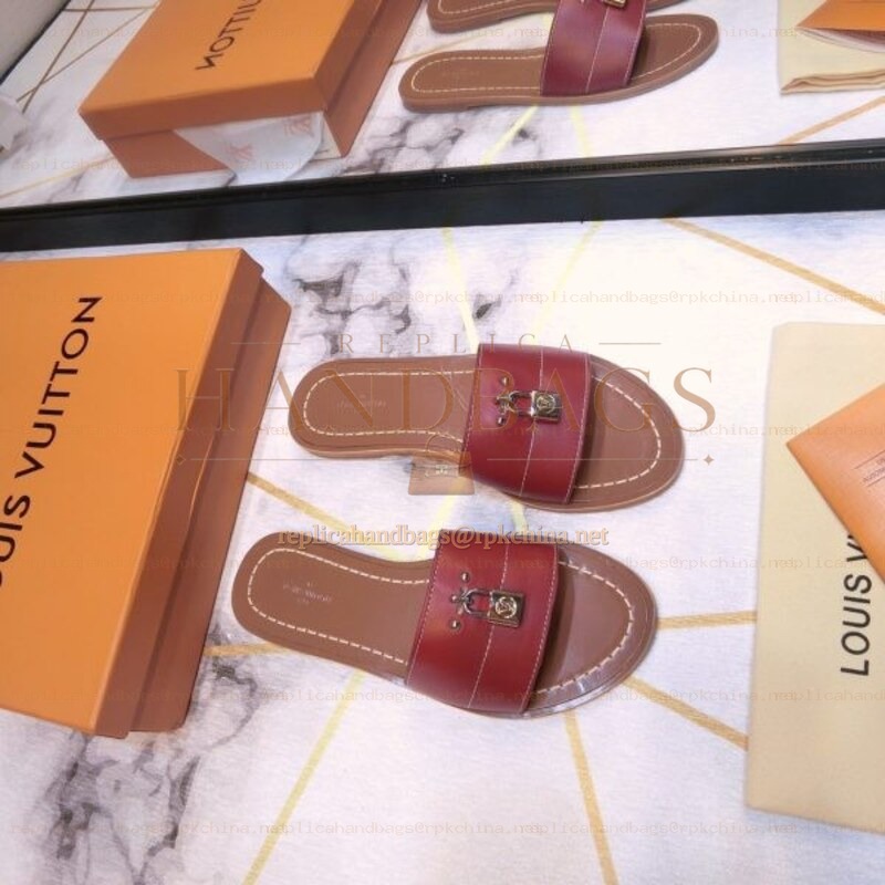 Replica Louis Vuitton Red Lock It Flat Mule Sandals