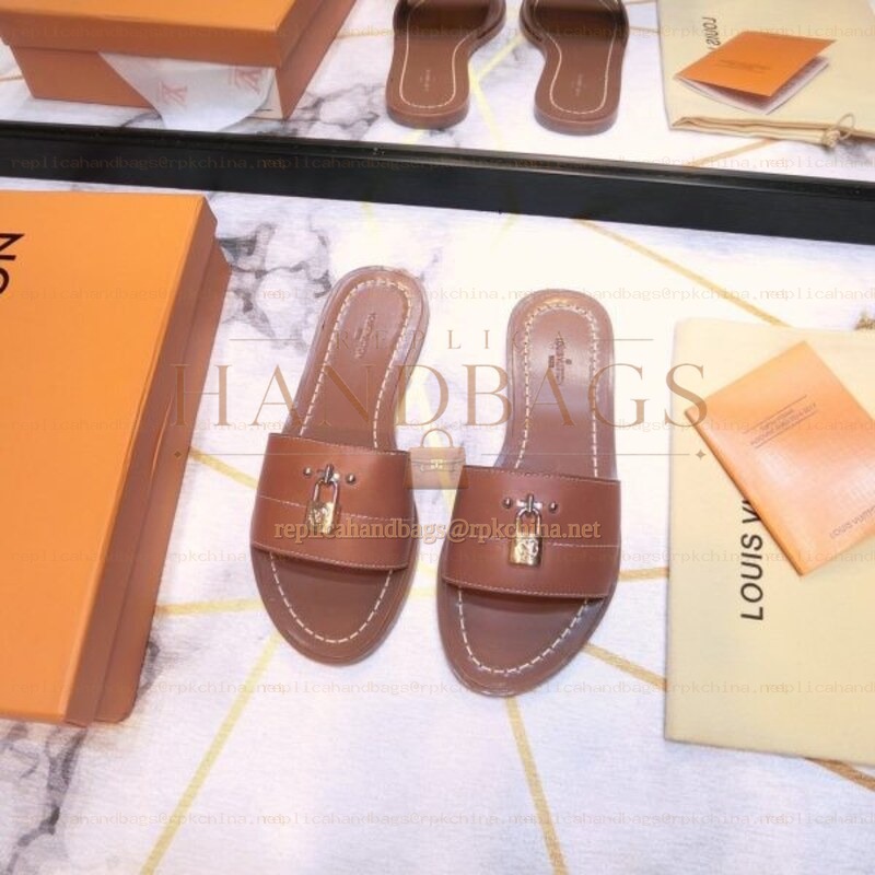 Replica Louis Vuitton Brown Lock It Flat Mule Sandals