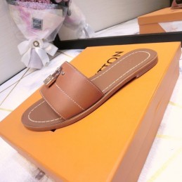 Replica Louis Vuitton Brown Lock It Flat Mule Sandals