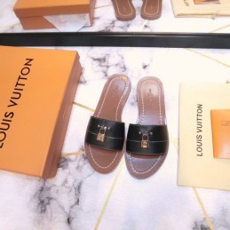 Replica Louis Vuitton Black Lock It Flat Mule Sandals
